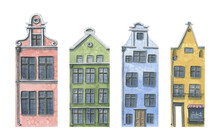 A Set Of Old, European Houses. Watercolor Illustration. Cute, Colorful Houses. For Decorating, Designing And Composing Various Compositions Of Postcards, Souvenirs, Posters, Stickers