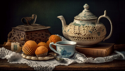 Canvas Print - Hot tea in an ornate antique teapot generated by AI