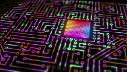 Circuit digital pulses explosion. Energy spreading in motherboard. Signals and connections from chip. High quality 4k footage