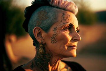 Wall Mural - portrait of an elderly woman with tattoos, piercing and hindu features, image generated with ia