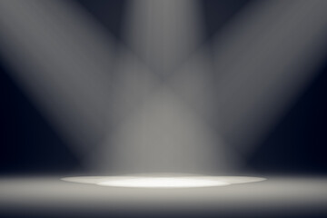 Wall Mural - 3d scene background with floor illuminated by round spot lights. stage with ray of the lights