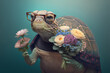 happy female turtle with glasses created with Generative AI technology