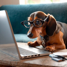 A Cute Dachshund Dog With Eyeglasses Works At A Laptop At Home, The Image Is Generated Using IT Technology, A Picture Of A Neural Network