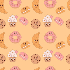 Wall Mural - Groovy tasty retro seamless pattern. Cute cartoon pastries and desserts on yellow background. Vector Illustration for wallpaper, design, textile, packaging, decor, kids collection.