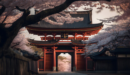 toji gate in cherry blossom garden, japanese garden landscape .generative ai