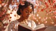 © Elle Arden  - A young African American woman reading outside under a flowering tree. This is not a real person. Generative AI.