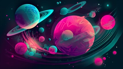 Wall Mural - stars capes galaxy screenshot and wallpaper, in the style of whimsical cartoon style, light blue and magenta, luminous spheres, toycore, mysterious forms, generat ai