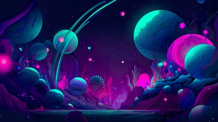 Wall Mural - stars capes galaxy screenshot and wallpaper, in the style of whimsical cartoon style, light blue and magenta, luminous spheres, toycore, mysterious forms, generat ai