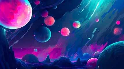 Wall Mural - stars capes galaxy screenshot and wallpaper, in the style of whimsical cartoon style, light blue and magenta, luminous spheres, toycore, mysterious forms, generat ai
