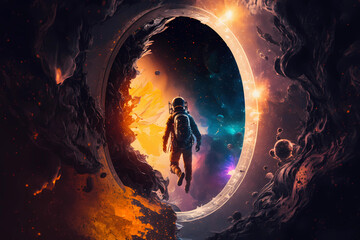 Wall Mural - a galaxy emerges as an astronaut goes through a black hole, Generative AI