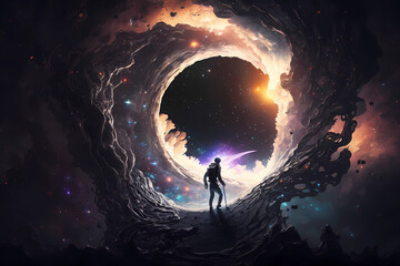 Wall Mural - a galaxy emerges as an astronaut goes through a black hole, Generative AI