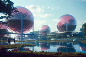 geometric science fiction futuristic architecture, pink, spheres, exterior building design, concept 