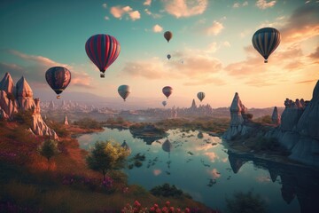 Many hot air balloon in sunset. Cappadocia Generative AI