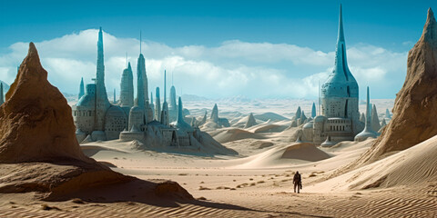 Wall Mural - Geometric science fiction futuristic architecture, desert, ruins, exterior building design, concept art. Generative AI