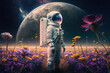 Female astronaut standing on the field of flowers on another planet, generative AI