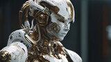 Fototapeta  - mech cyborg made out of pure white ceramic and golden, robot ia