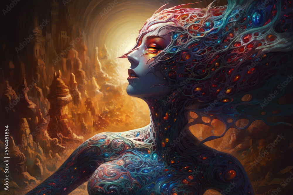 Beautiful alien girl, alien princess wearing golden armor, Fantasy creation. Generative AI illustration