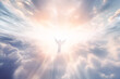 An image of an angel with outstretched hands, enveloped in dazzling light and ascending to the heavens.  Generative AI 