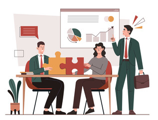 Wall Mural - people work concept. man and woman connect puzzles next to graphics and diagrams. board of directors