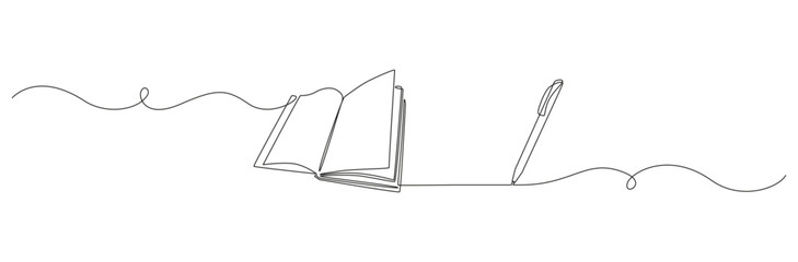 opened book and pen in one continuous line drawing. education study and knowledge library concept in