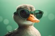 Funny cute duck in sunglasses with happy emotion. AI generated, human enhanced