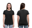© New Africa - Woman wearing casual black t-shirt on white background, mockup for design. Collage with back and front view photos