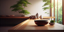 Empty Wooden Table Top With Japanese Style On The Left Side For Product Display With Blurred Bathroom Interior Background. Generative AI