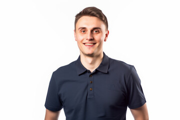 Group portrait photography of a satisfied man in his 20s wearing a sporty polo shirt against a white background. Generative AI