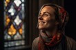 © Robert MEYNER - Environmental portrait photography of a grinning woman in her 30s wearing a foulard against a stained glass or cathedral background. Generative AI
