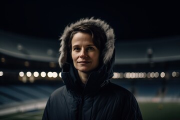 Canvas Print - Portrait of a young woman in winter jacket on the football stadium