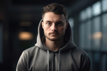 Portrait of a handsome young man in a gray hooded sweatshirt.