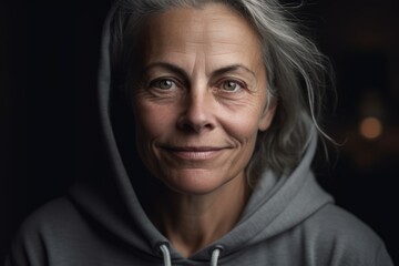 Portrait of senior woman with grey hair and hooded sweatshirt