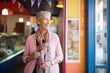 Full-length portrait photography of a pleased woman in her 50s wearing a foulard against an ice cream parlor or sweet treat background. Generative AI