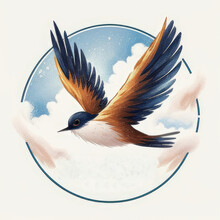 Logo Of A Flying Bird With A Long Beak, With Sky And Clouds