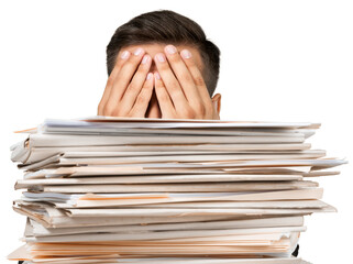 Wall Mural - Closeup of a Employee Covering his Eyes Behind a Stack of Folders