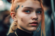 © MVProductions - Young woman with piercings and tattoos, closeup. High quality generative ai