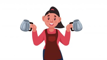 Poster - coffee shop female worker with teapots animation