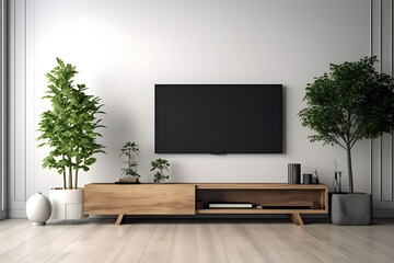 Wall Mural - a modern living room with a tv and plant, in the style of minimalistic modern - generative ai