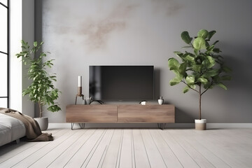 a modern living room with a tv and plant, in the style of minimalistic modern - generative ai