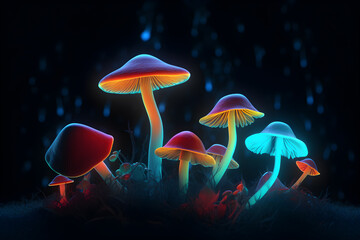 colorful mushrooms with lit up leaves on dark, in the style of futuristic psychedelia - generative ai