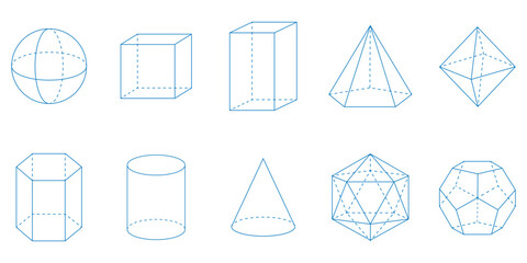 3D geometric shapes. Square, Cube, Cuboid, Pentagonal pyramid, Octahedron, Hexagonal prism, Cylinder, Cone, Icosahedron and Dodecahedron shapes. Vector illustration isolated on white background.