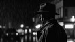 © alexkoral - back of male detective spy in hat and coat on street at night in rain in noir style. Generative AI