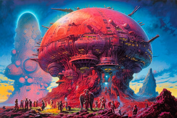 vintage pulp sci fi art, geometric science fiction futuristic architecture, exterior building design