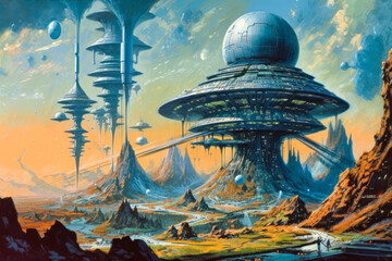 vintage pulp sci fi art, geometric science fiction futuristic architecture, exterior building design