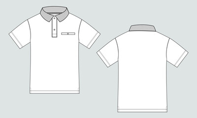 Short sleeve Polo shirt Technical Fashion flat sketch vector illustration  template front and back views. Clothing design mock up for men's isolated on grey background.