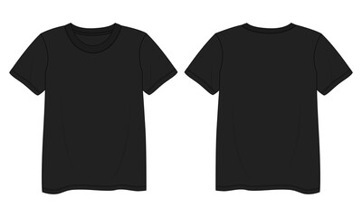 Short sleeve T shirt shirt Technical Fashion flat sketch vector illustration black color  template front and back views. Clothing design mock up for ladies isolated on White  background.