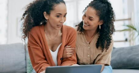 Canvas Print - Laptop, good news and an excited lgbt couple on a sofa in the living room of their home together. Computer, social media or email with a happy lesbian woman and her girlfriend bonding in their house