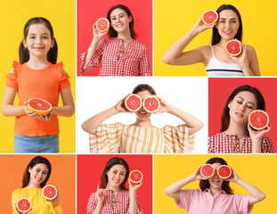 Poster - Collage of beautiful women and girl with fresh grapefruits on colorful background