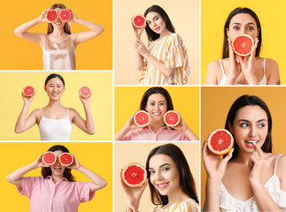 Sticker - Collage of beautiful women with fresh grapefruits on colorful background