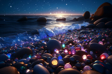 Wall Mural - beach with colorful shiny pebbles at night